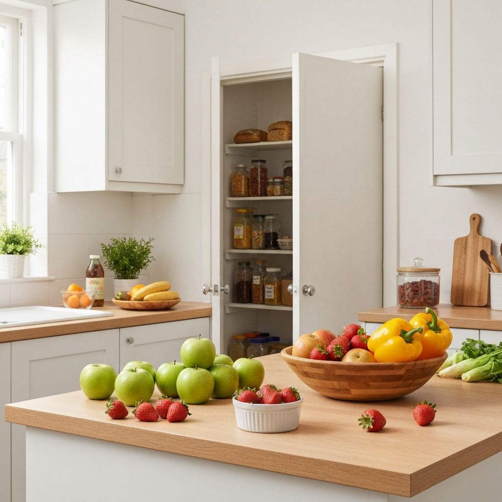 Clean well-lit UK kitchen workspace with fresh produce