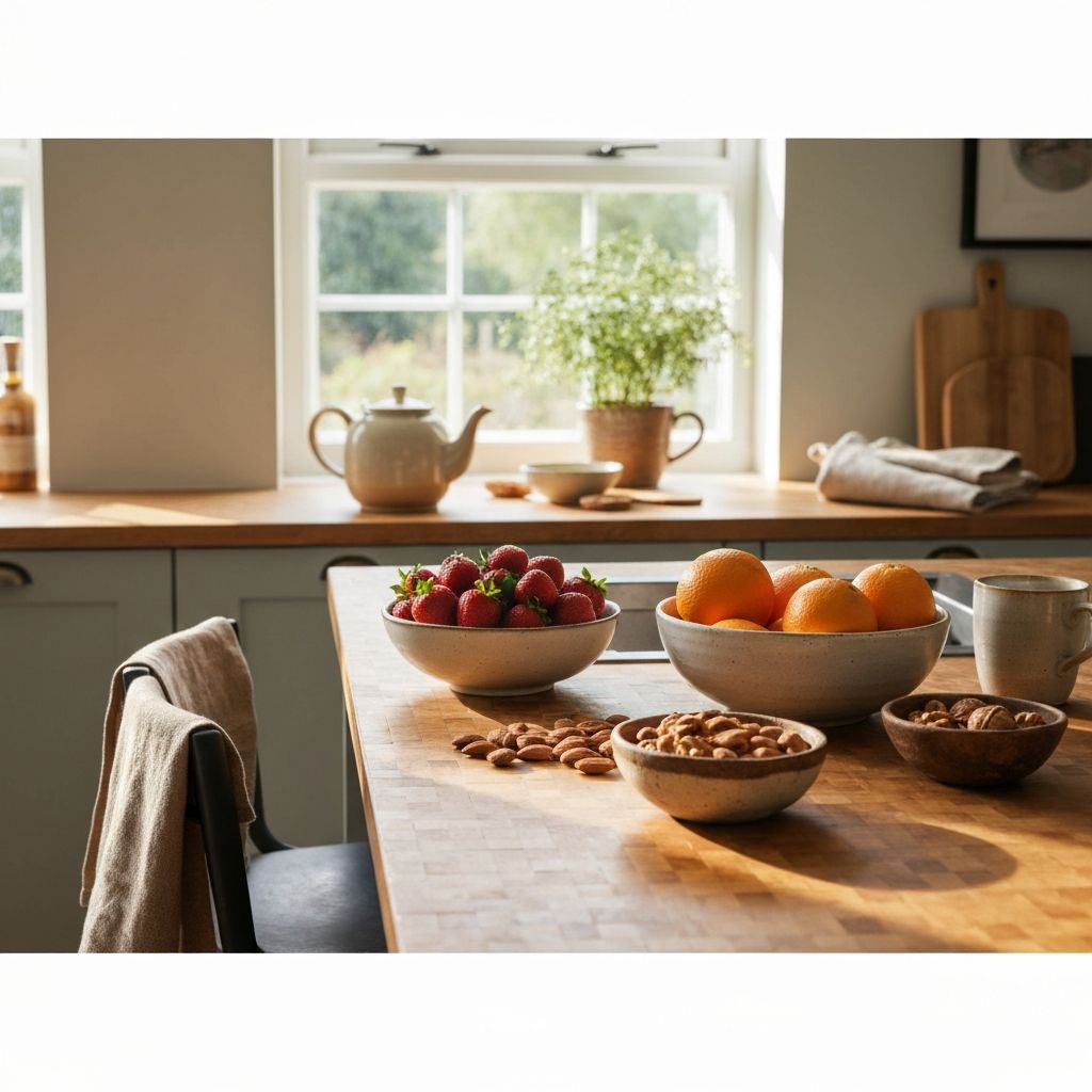 Bright UK kitchen counter with fresh fruits and teapot