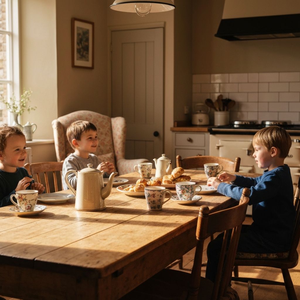 Cozy British family kitchen table with shared meal setup
