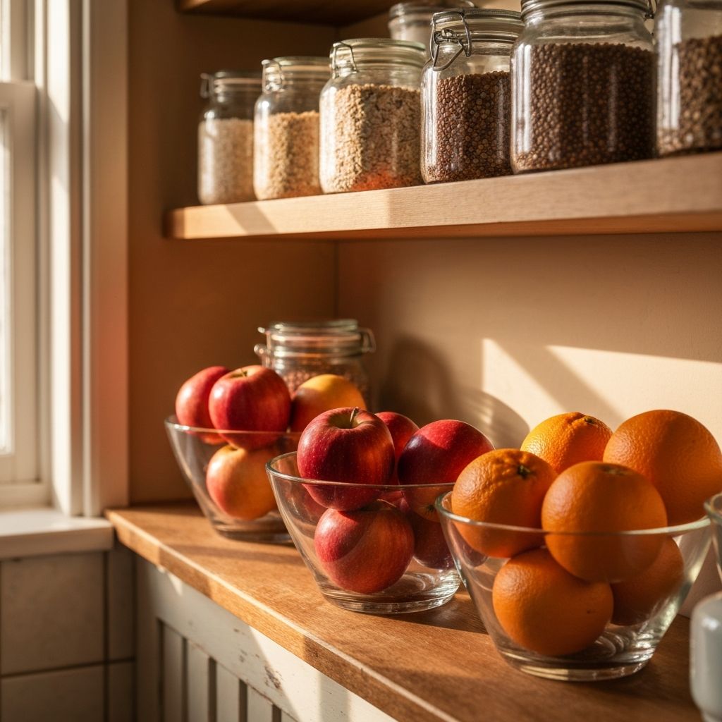 Kitchen shelf with visible items and stored grains in glass jars